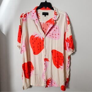 Men’s No Boundaries Strawberry Print Button Down Top Festival Summer Beachy